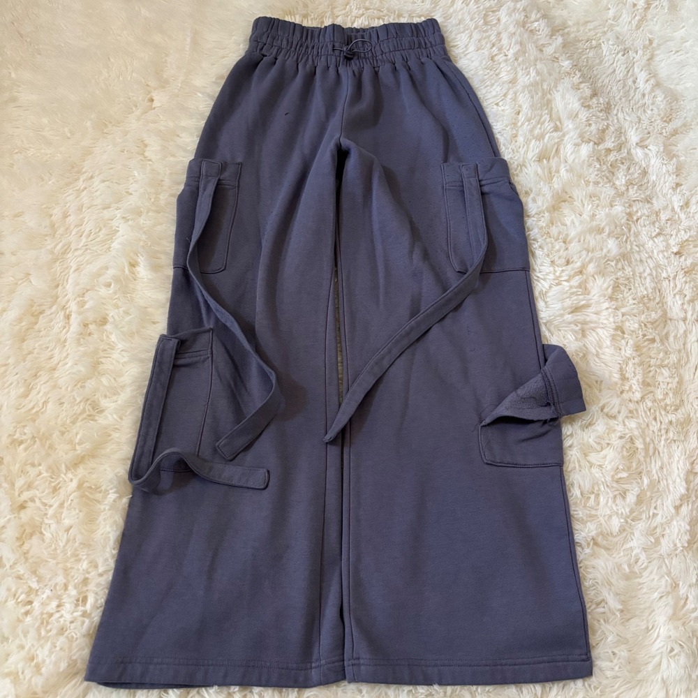 Angel Kiss Wide Leg Cargo Sweatpants Slate Blue Purple Strappy Fleece Joggers